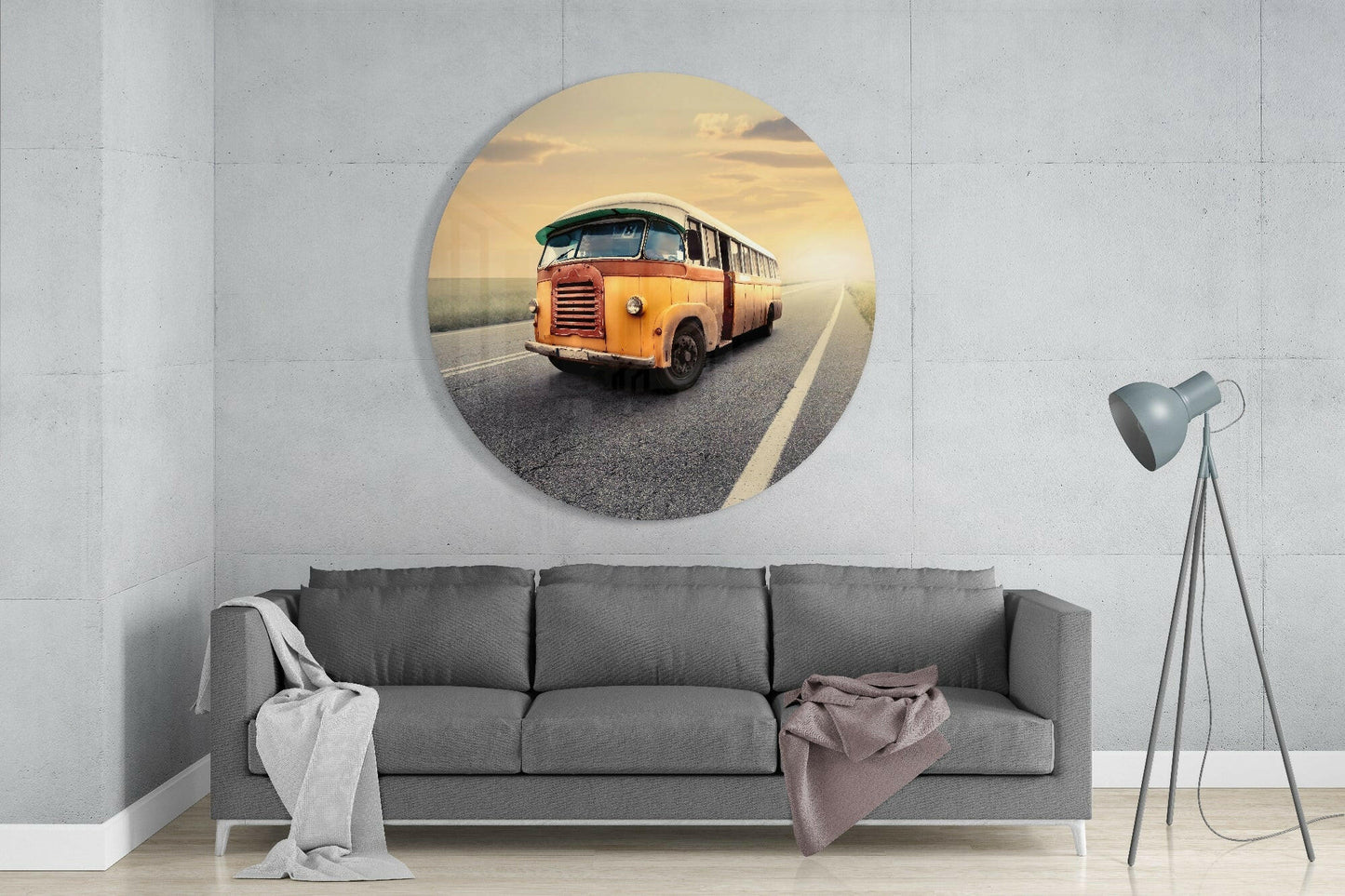 Round Classic Bus Country Road Glass Wall Art