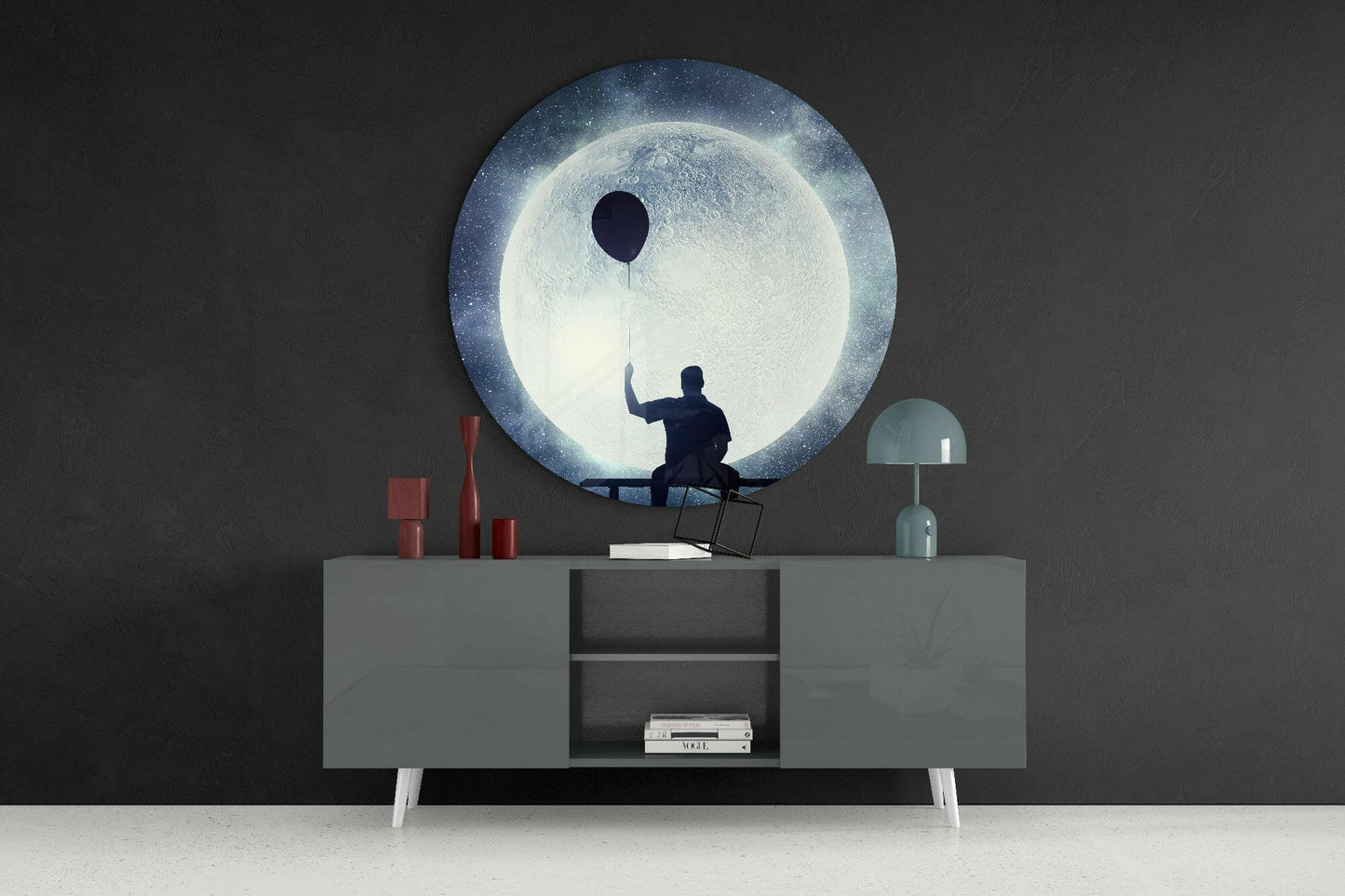 Round Balloon String Bench Moonscape Glass Wall Art