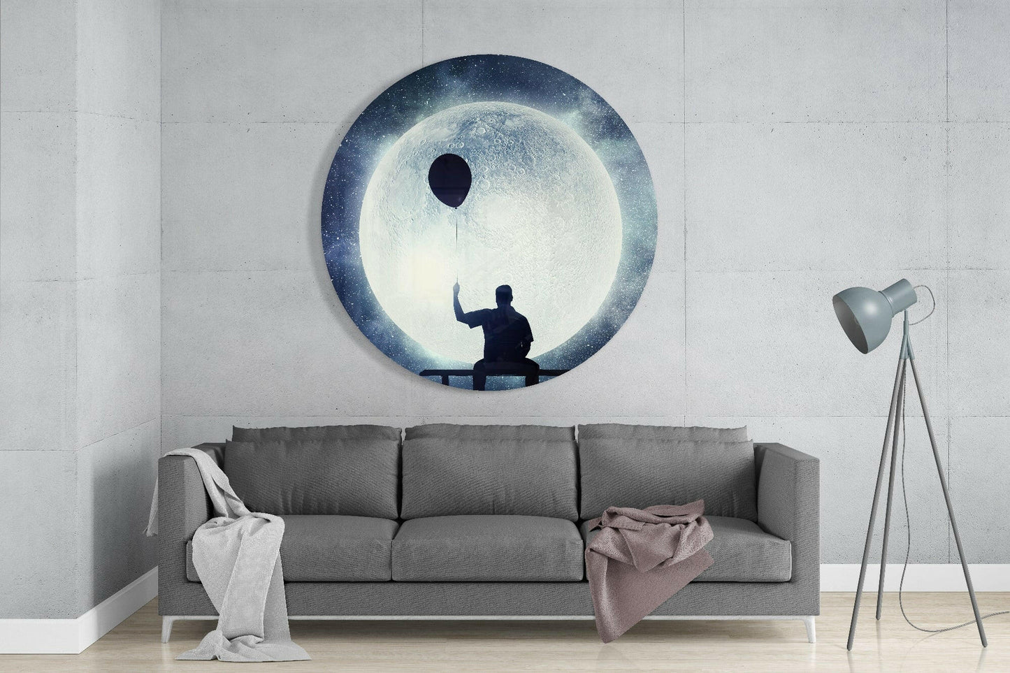 Round Balloon String Bench Moonscape Glass Wall Art