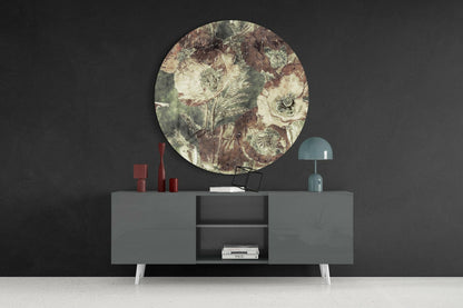 Vintage Brown and Green Poppy Blooms Glass Wall Art