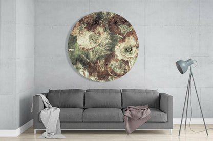 Vintage Brown and Green Poppy Blooms Glass Wall Art