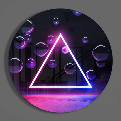 Neon Triangle Floating Purple Orbs Glass Wall Art