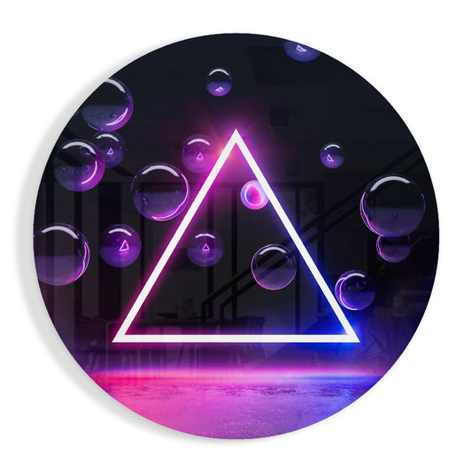 Circular glass wall art featuring a neon-outlined triangle with magenta and blue gradient lighting, surrounded by floating purple spheres on dark background.