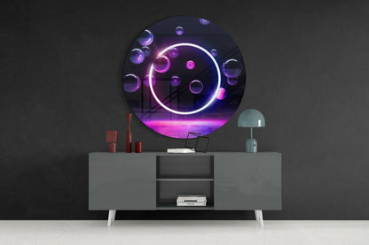 White Neon Circle Violet Bubbles Glass Wall Art