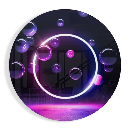Circular neon wall art featuring a glowing white ring surrounded by purple and magenta glass bubbles against a dark background with illuminated floor.