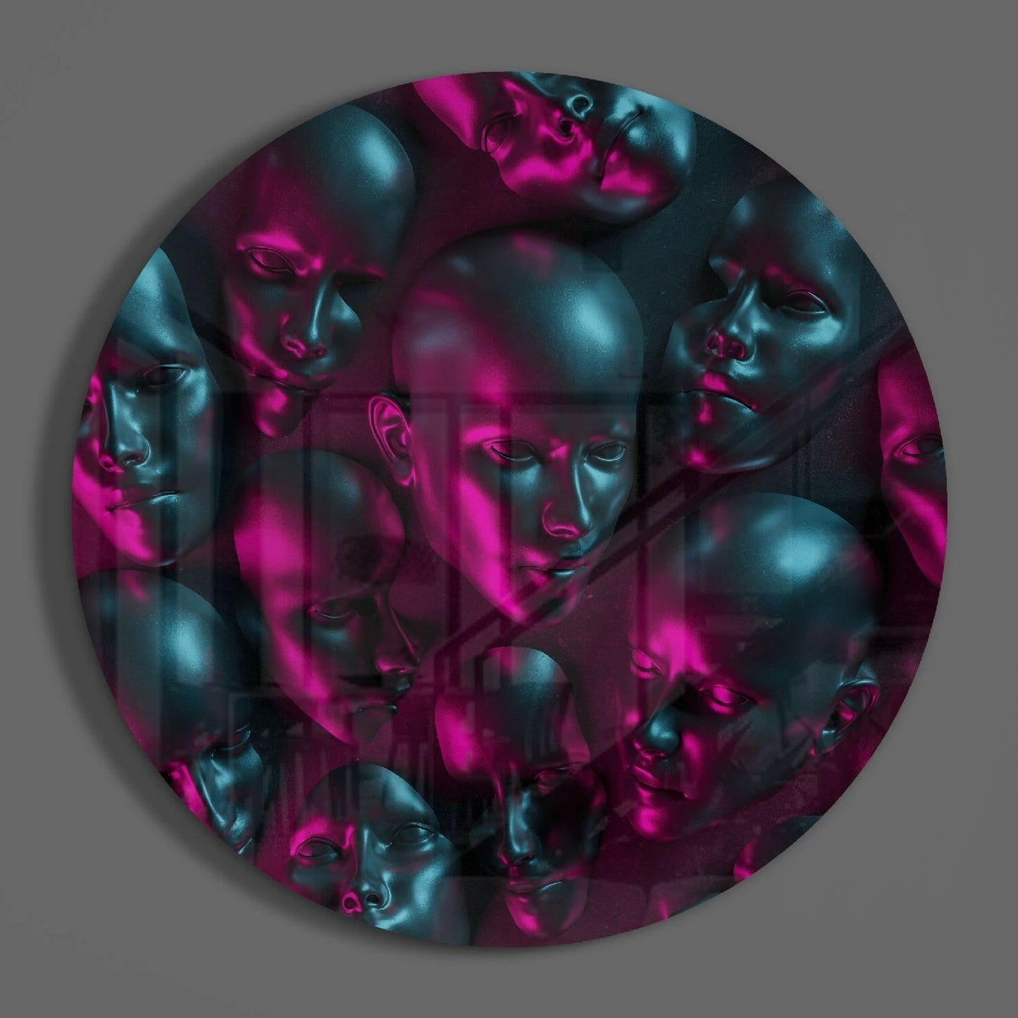 Neon Pink Teal Mannequin Heads Round Glass Wall Art