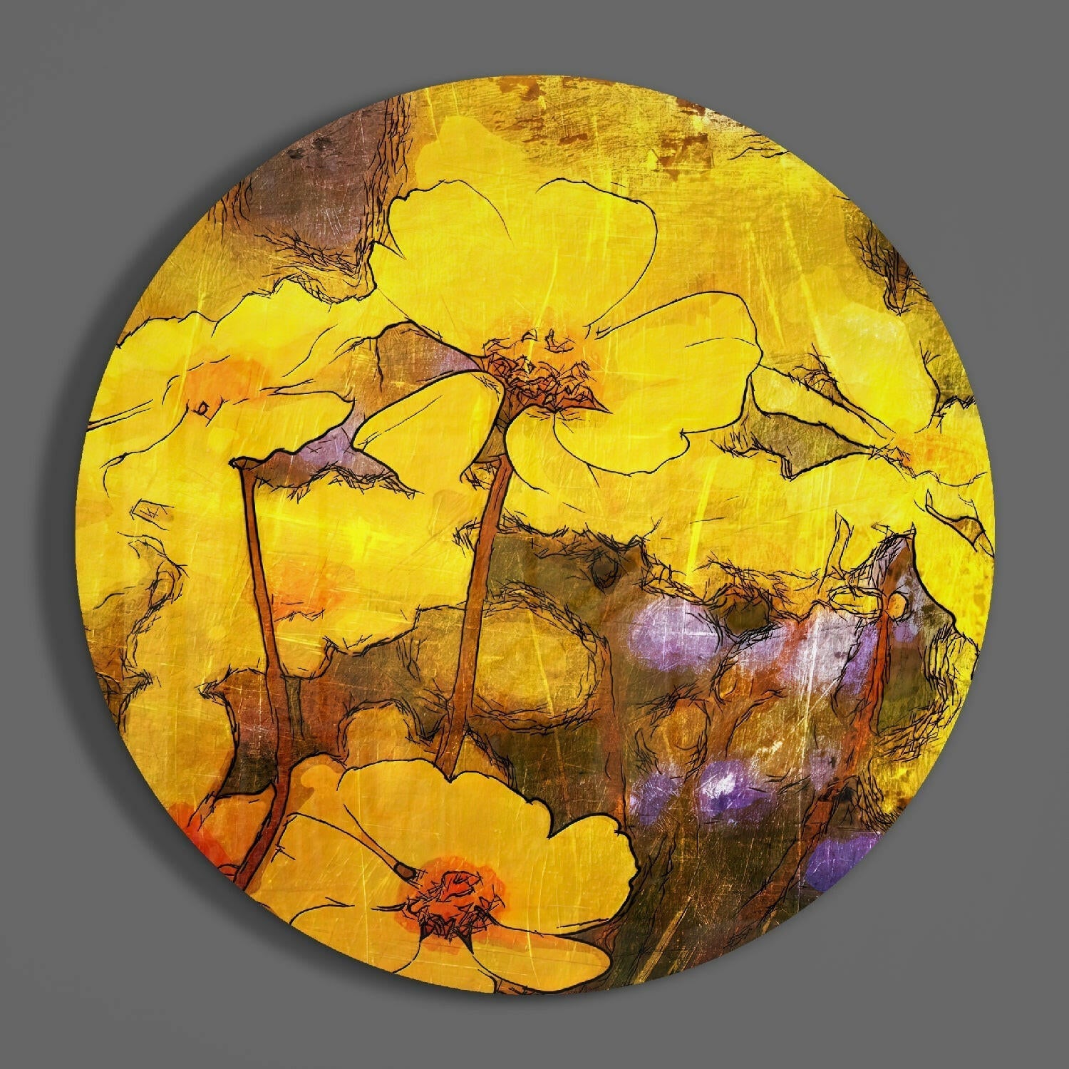 Circular glass wall art featuring yellow flowers with brown stems and green leaves on textured yellow and brown background, displayed flat against gray surface.