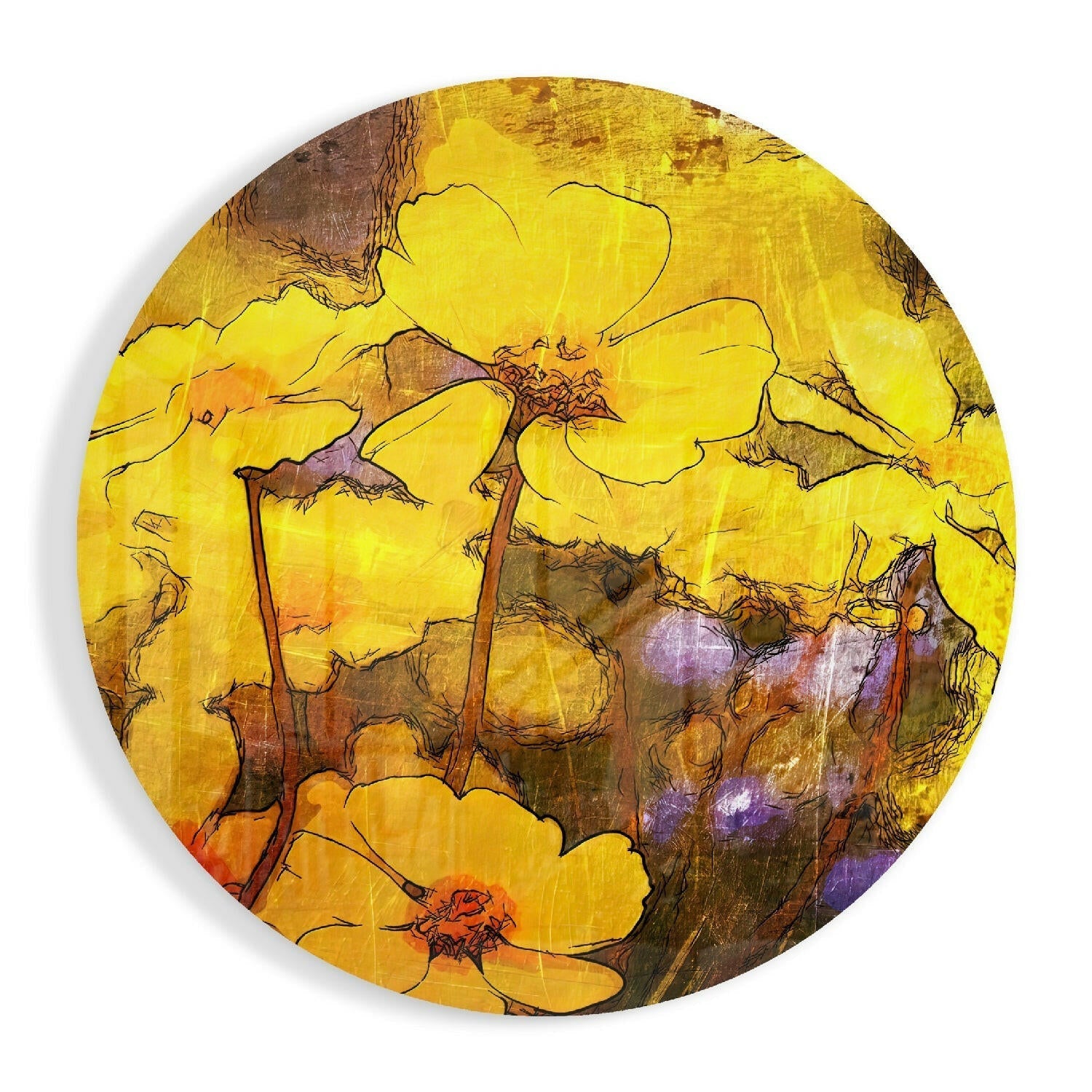 Circular glass wall art featuring yellow flowers with brown stems and dark earth tones in the background, shown flat against white.