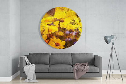 Round yellow flower glass wall art hanging above gray sofa in modern living room with floor lamp.