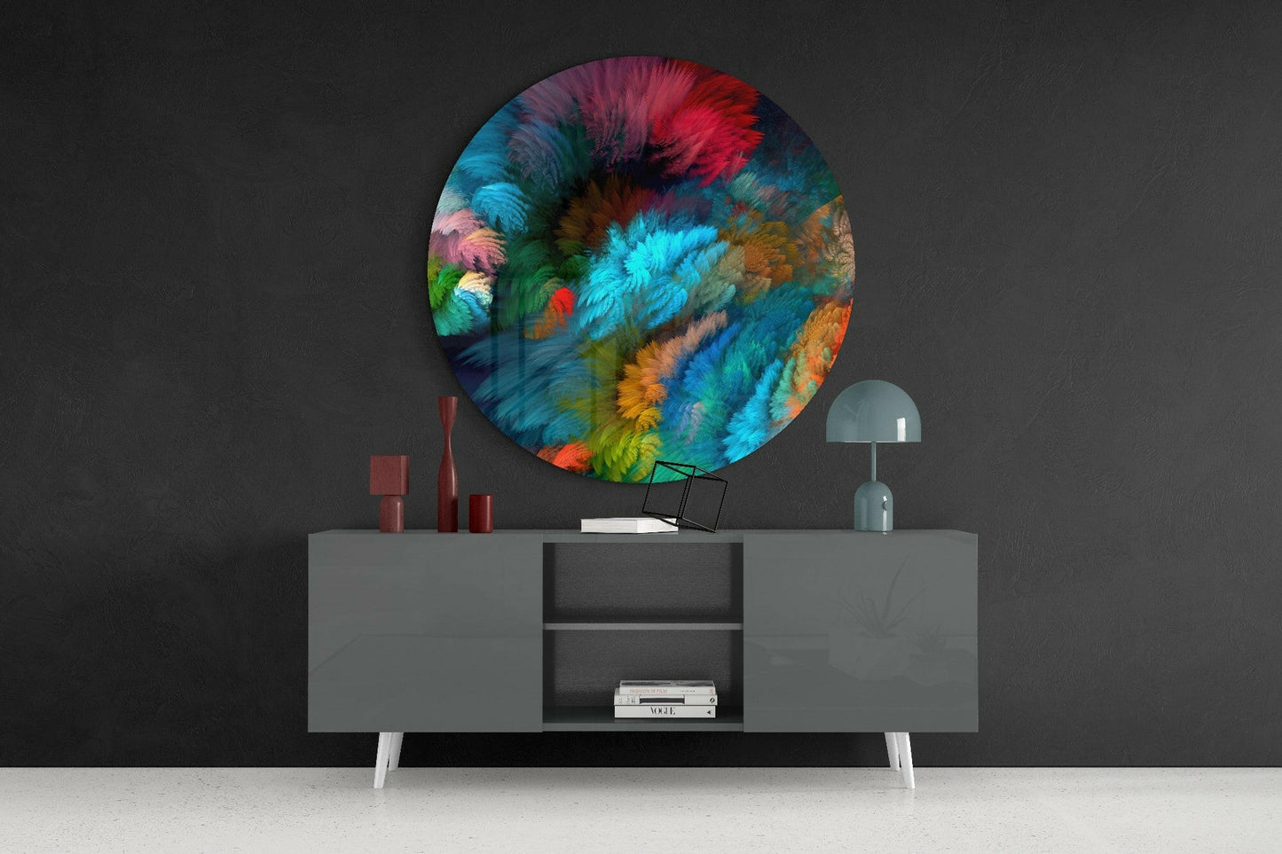 Dark Rainbow Feather Round Glass Wall Art