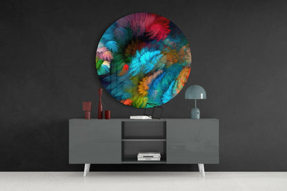 Dark Rainbow Feather Round Glass Wall Art