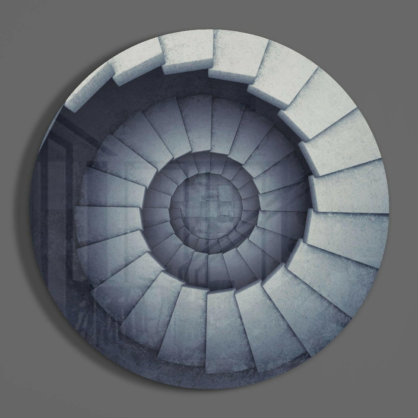 Overhead view of a spiral staircase with white stone steps descending into shadow, rendered in glass wall art.