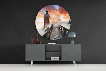 Round Splashing Sea Lighthouse Glass Wall Art