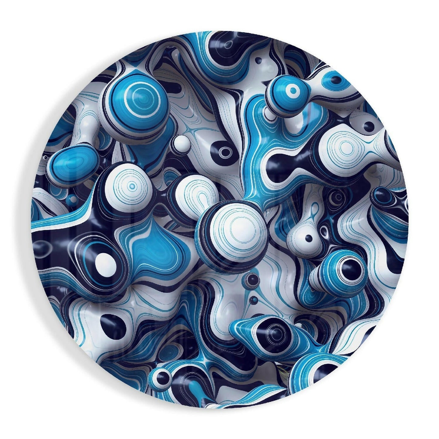Overhead view of circular glass wall art featuring layered blue, white, and navy abstract swirls with concentric circles and organic shapes.