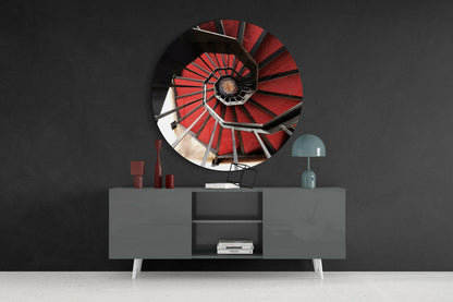 Round Crimson Octagon Stairwell Glass Wall Art