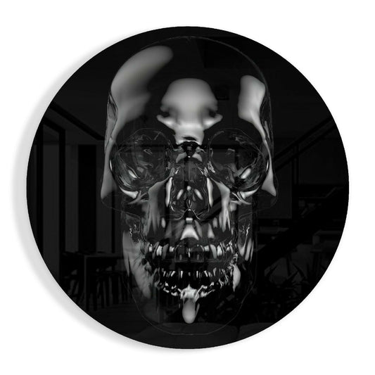 Front-facing reflective glass skull with detailed anatomical features in black and white monochromatic tones, circular black border frame.