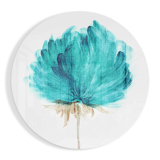 Circular glass wall art featuring a teal watercolor flower with layered petals and tan stem on white background.