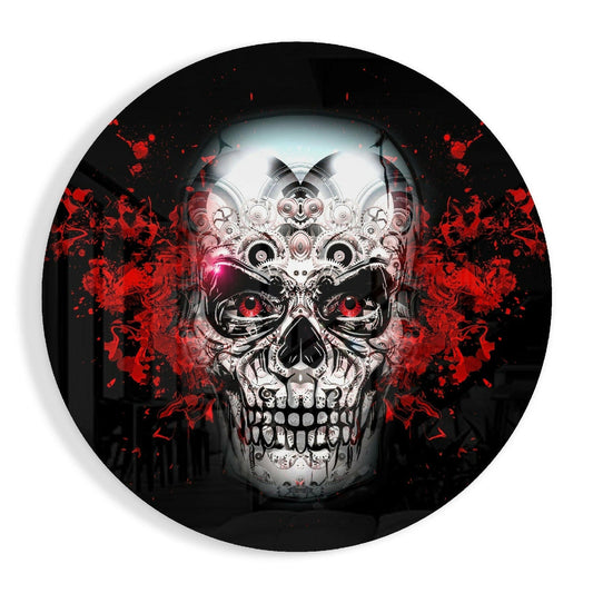 Circular glass wall art featuring a mechanical skull with glowing red eyes and gears, surrounded by red splatters on black background.