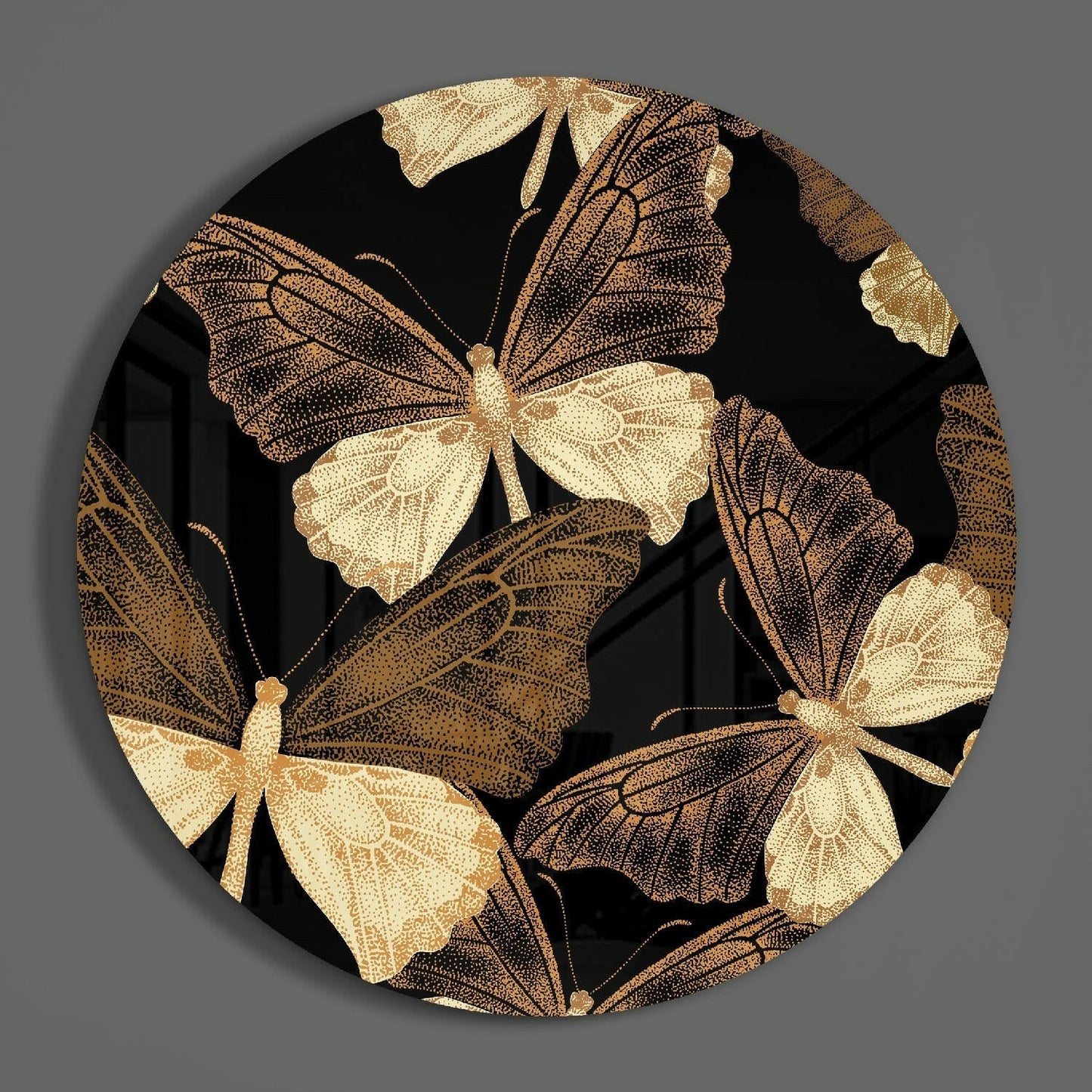 Round Gold Butterfly Swarm Glass Wall Art