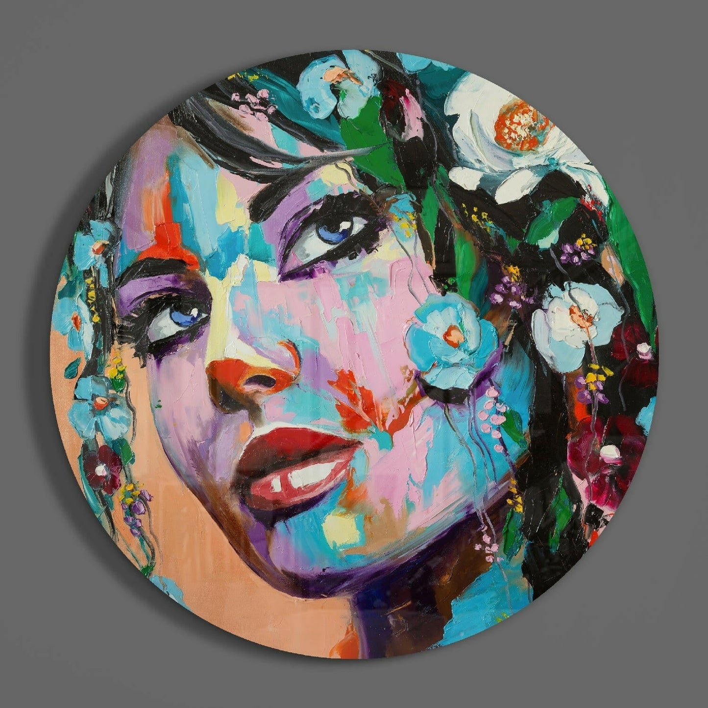 Blue Eyed Round Floral Crown Woman Glass Wall Art