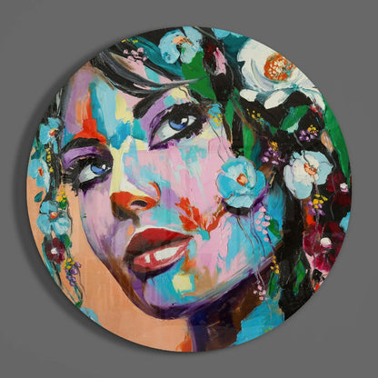 Blue Eyed Round Floral Crown Woman Glass Wall Art