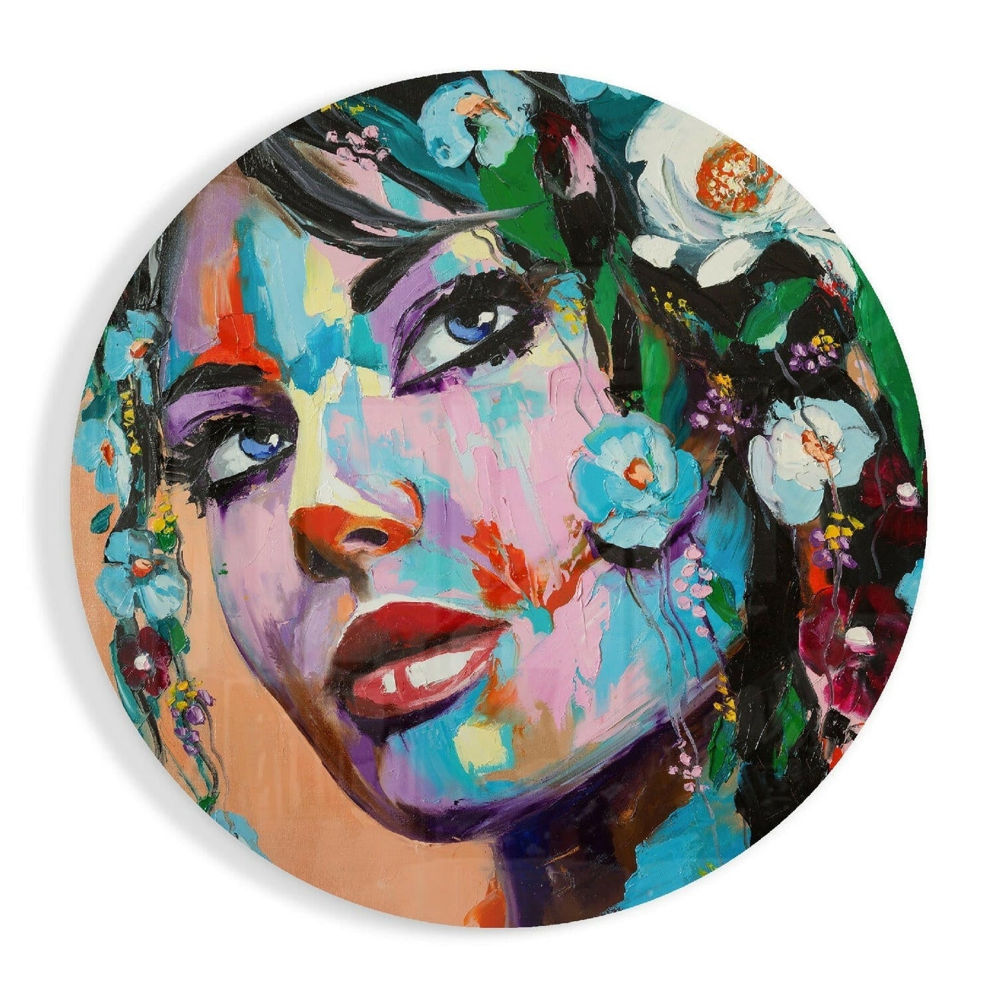 Blue Eyed Round Floral Crown Woman Glass Wall Art