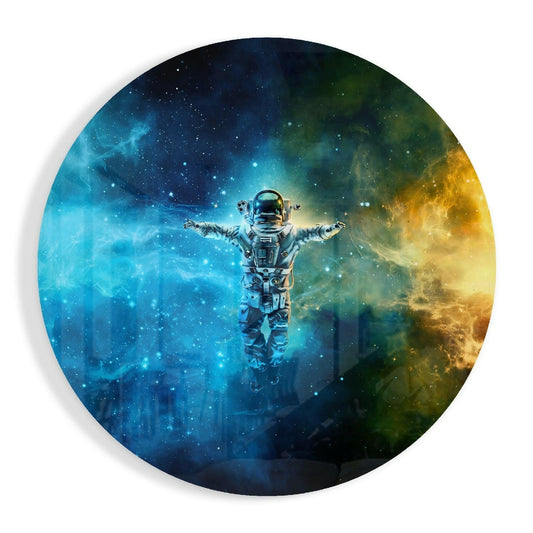 Astronaut with arms outstretched floating centrally against swirling teal, gold, and green cosmic nebula on circular glass art.