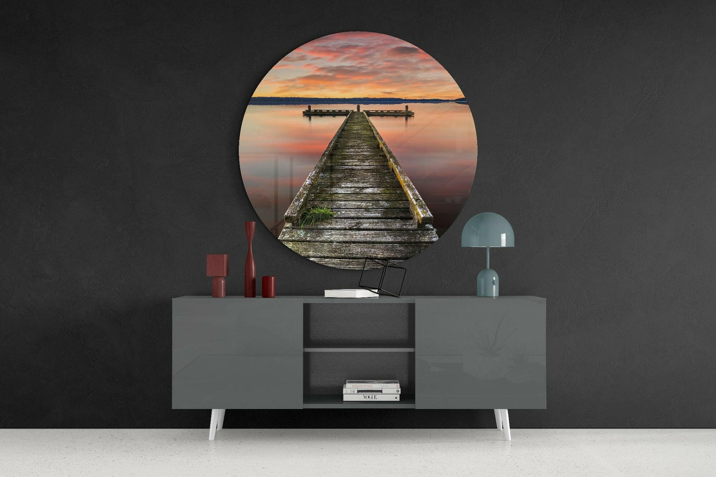 Orange Dawn Mossy Jetty Platform Glass Wall Art