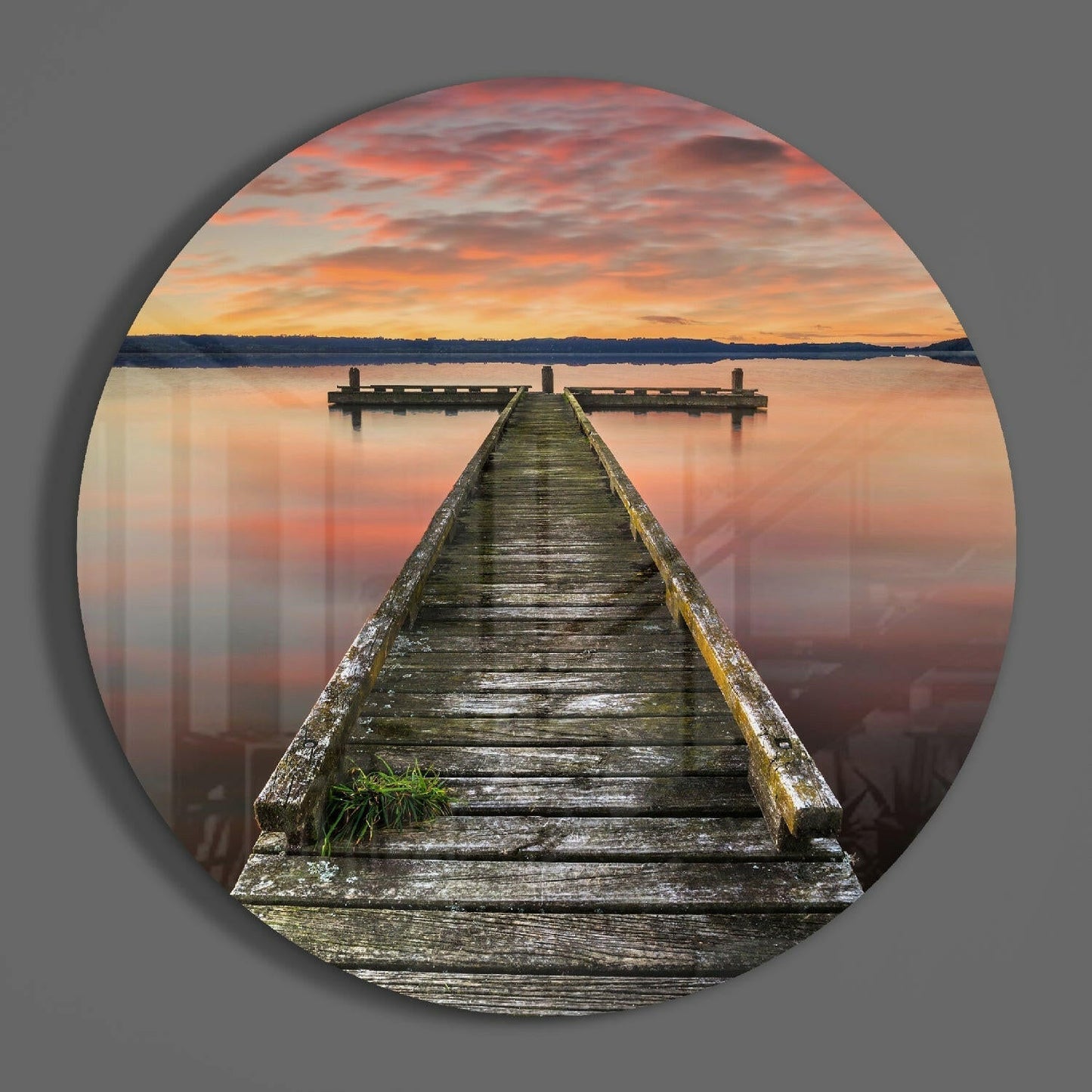 Orange Dawn Mossy Jetty Platform Glass Wall Art