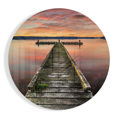 Orange Dawn Mossy Jetty Platform Glass Wall Art