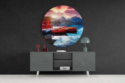 Red Boats Mountain Lake Sunrise Glass Wall Art