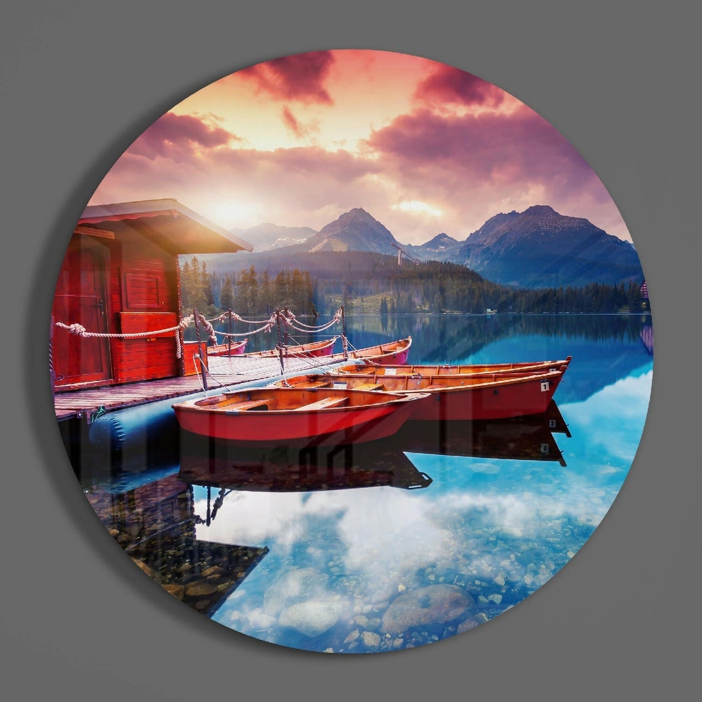 Red Boats Mountain Lake Sunrise Glass Wall Art