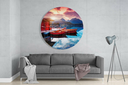 Red Boats Mountain Lake Sunrise Glass Wall Art