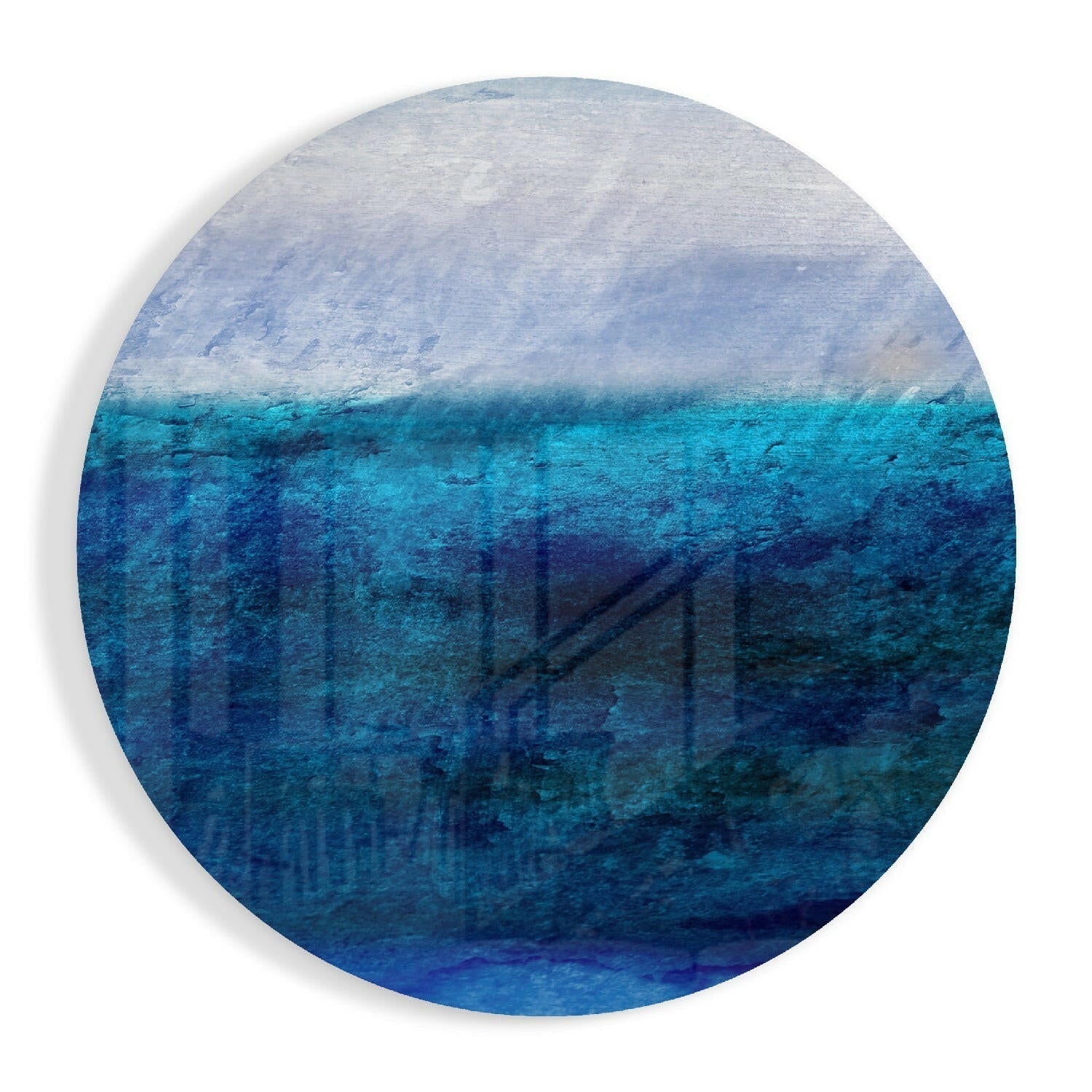 Circular glass wall art with layered horizontal bands transitioning from light gray at top through turquoise to deep blue at bottom.