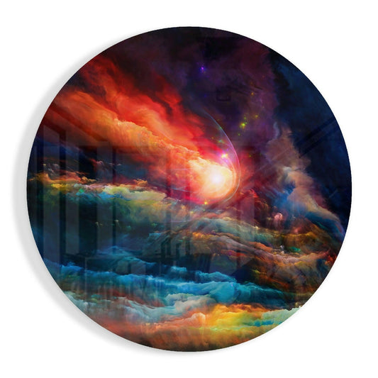 Circular glass wall art featuring a vibrant cosmic scene with an explosive bright center, layered clouds in blues, oranges, and purples, and architectural structures in the background.