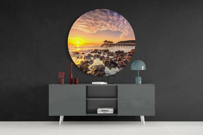 Round Golden Pier Sunrise Over Rocks Glass Wall Art