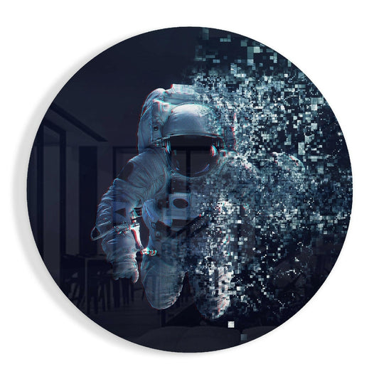 Astronaut in spacesuit dissolving into pixelated digital particles on circular glass art with glitch effect and cyan-red chromatic aberration.