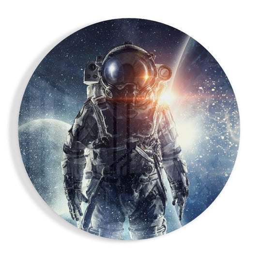 Astronaut in full spacesuit standing against starry space backdrop with glowing celestial light and lunar surface, printed on circular glass panel.