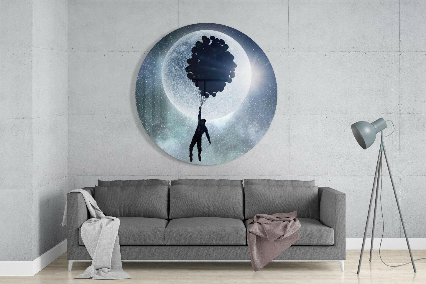 Round Moon Balloon Cluster Flight Glass Wall Art