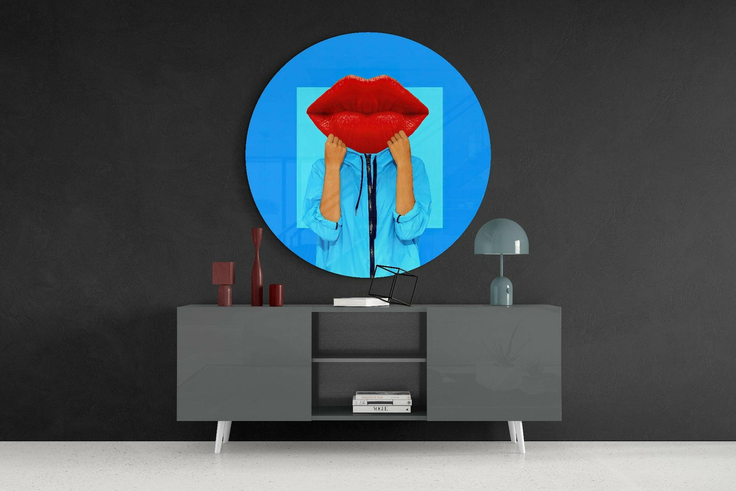Round Red Lips Face Blue Pop Glass Wall Art