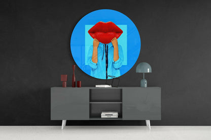 Round Red Lips Face Blue Pop Glass Wall Art