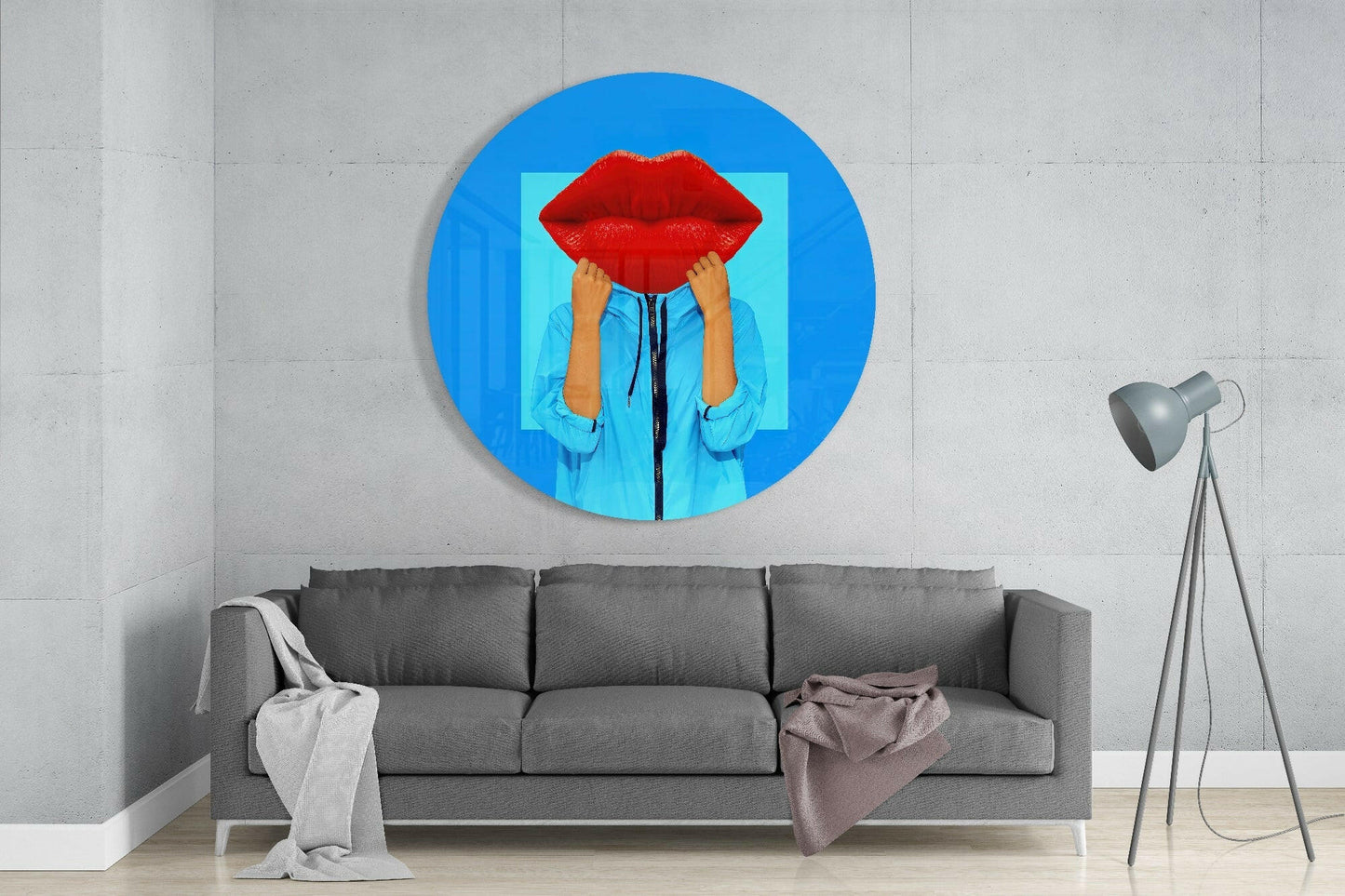 Round Red Lips Face Blue Pop Glass Wall Art