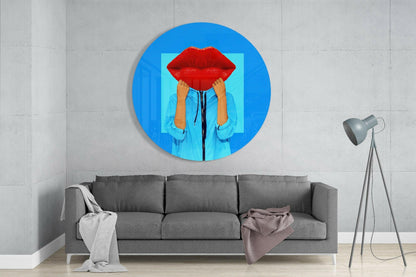 Round Red Lips Face Blue Pop Glass Wall Art
