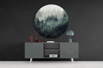 Round Misty Evergreen Forest Glass Wall Art