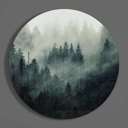 Round Misty Evergreen Forest Glass Wall Art