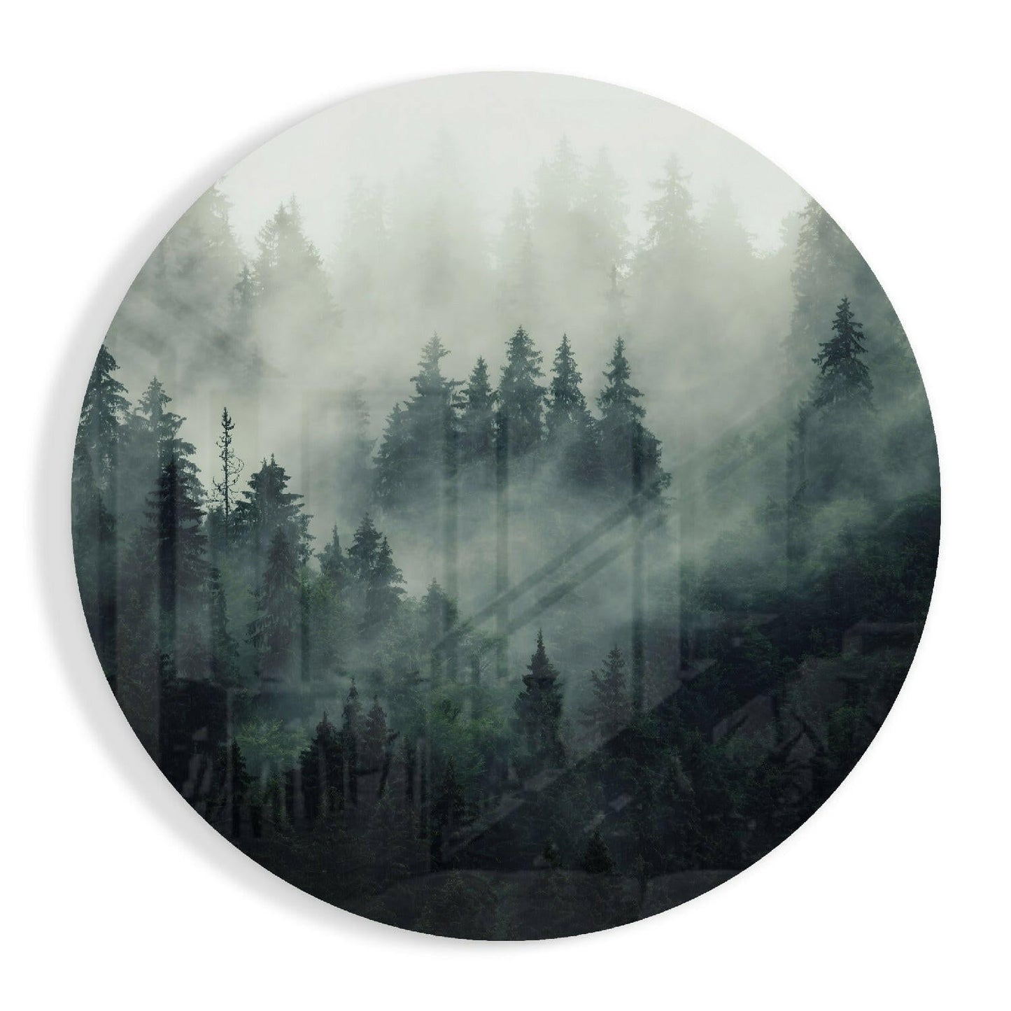 Round Misty Evergreen Forest Glass Wall Art