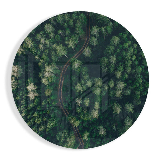 Aerial view of a winding red road cutting through a dense green forest with scattered trees, printed on circular glass wall art.