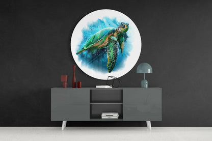 Round Blue Ink Sea Turtle Glass Wall Art