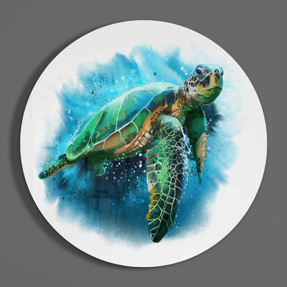 Round Blue Ink Sea Turtle Glass Wall Art