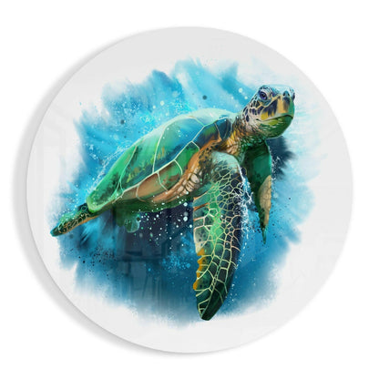 Round Blue Ink Sea Turtle Glass Wall Art